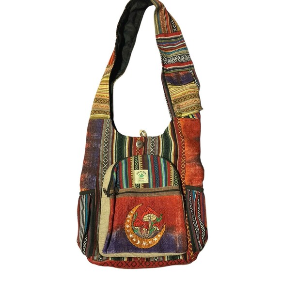 Nepal Handmade Crossbody Hobo Bag Sling purse Himalayan Hemp THC Free Mushroom - Picture 1 of 2